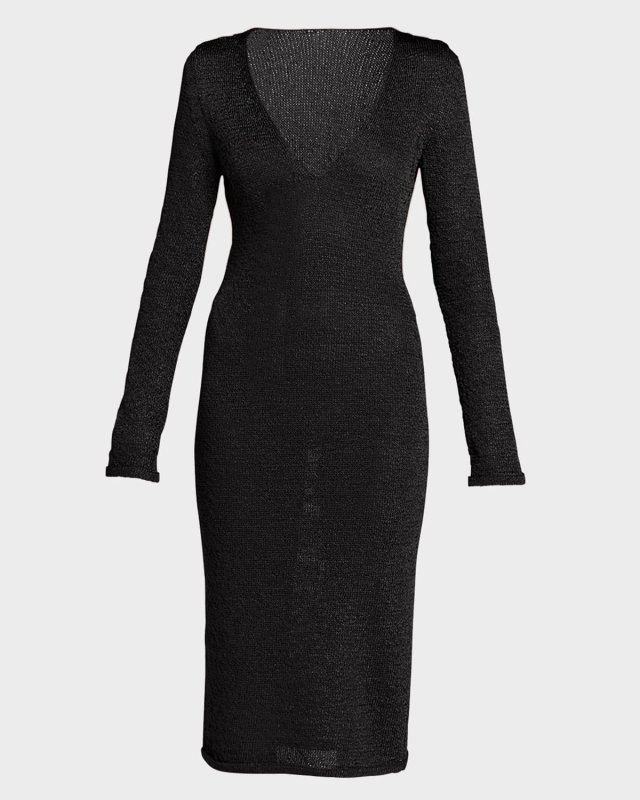Plunging Neck-Tie 5GG Shiny Rafia Midi Dress